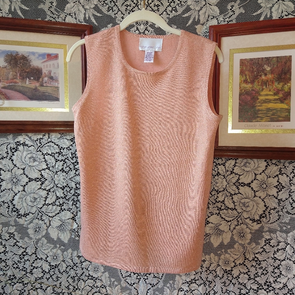 Susan Graver peach orange gold sweater top metallic sparkly sleeveless